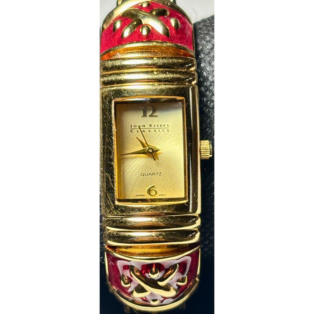 VTG Joan Rivers Classics Red Enamel Cuff Bangle Watch - Brand New Battery!